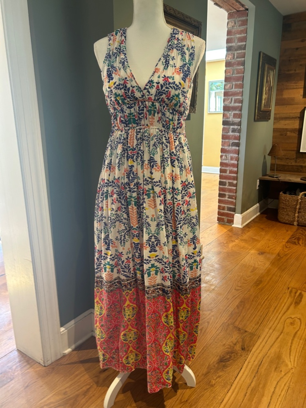 Roberta Roller Rabbit White Maxi Dress with Coral and Navy Border